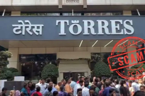 Investors protest outside Torres Jewellery in Mumbai over unpaid returns from fraudulent investment schemes, with the company blaming its CEO for the scam.