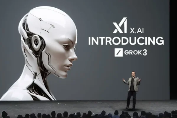 Elon Musk unveiling Grok 3, the advanced AI chatbot, during the launch event on February 17, 2025.