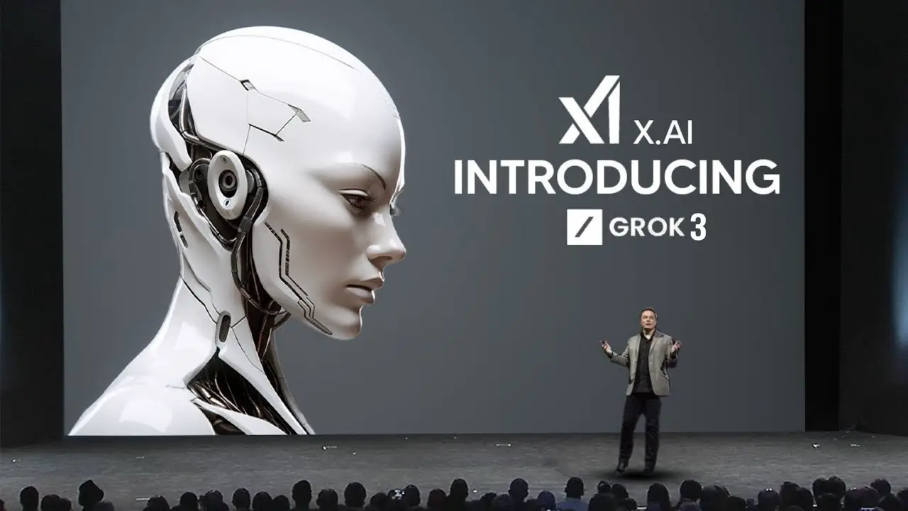 Elon Musk unveiling Grok 3, the advanced AI chatbot, during the launch event on February 17, 2025.